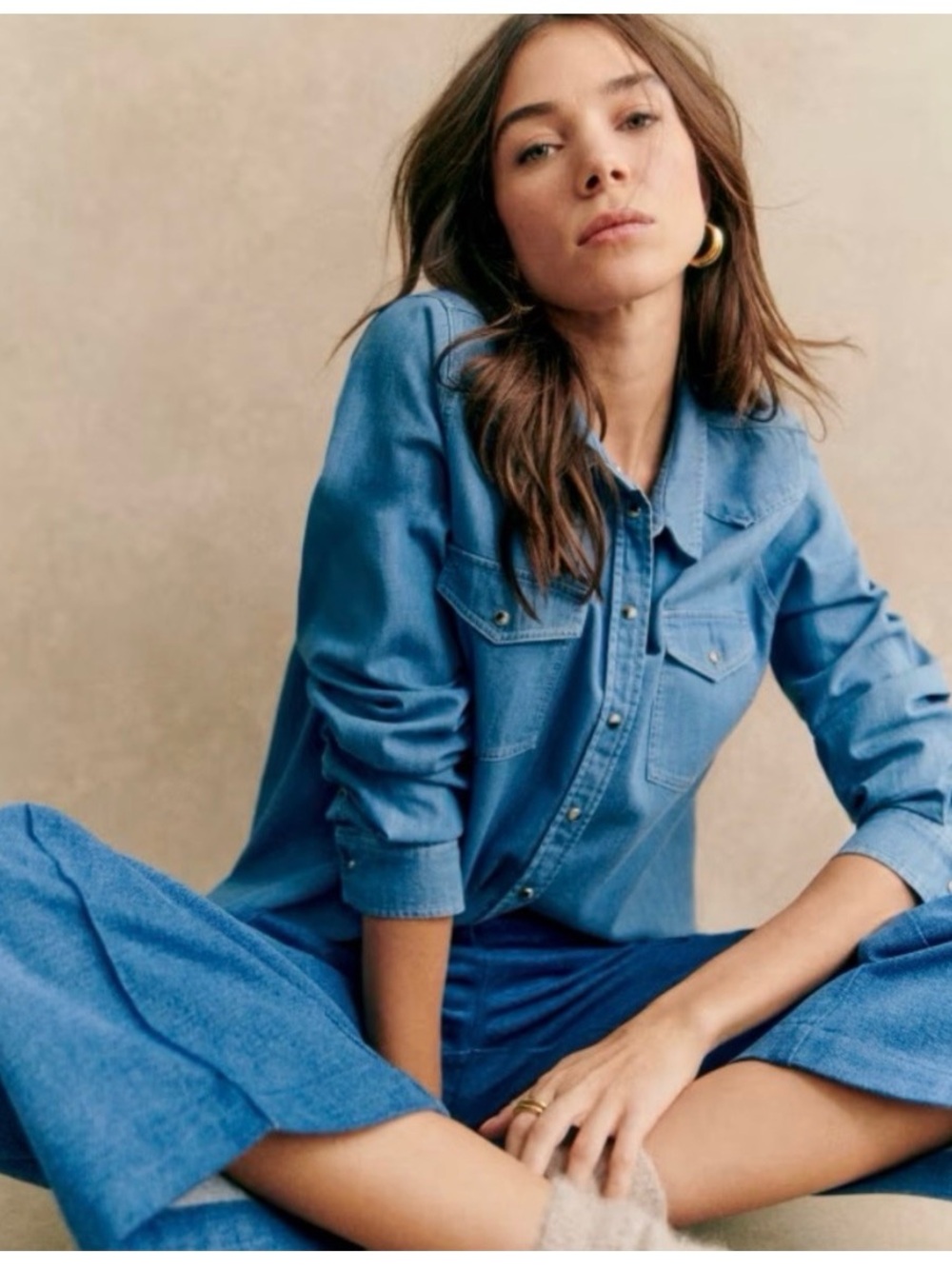 Sezane Servanne Blue Denim Button-Up Shirt